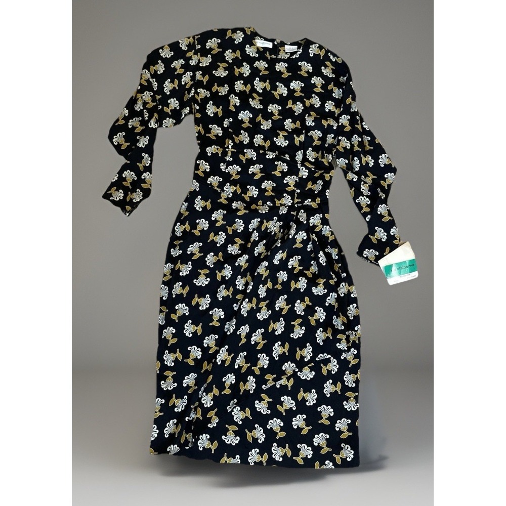 NWT Vtg 90s LIZ CLAIBORNE Black Gold And White Floral Button Down Maxi Dress 6